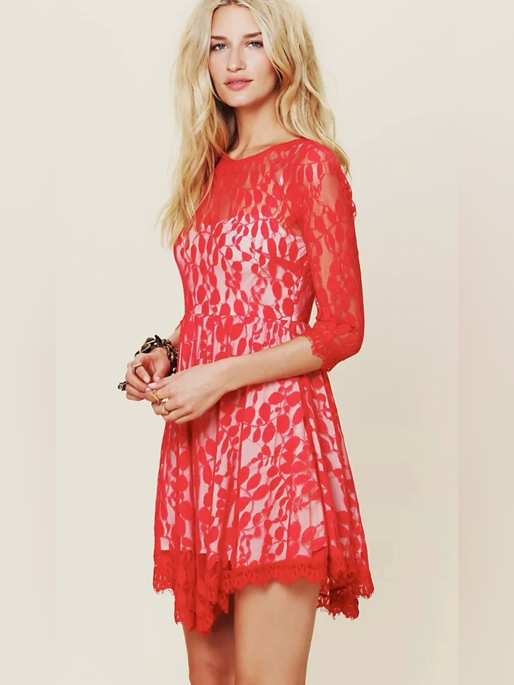 Free People Red Lace Cotton Blend Fit & Flare Scalloped Hem A-Line Dress Size 10